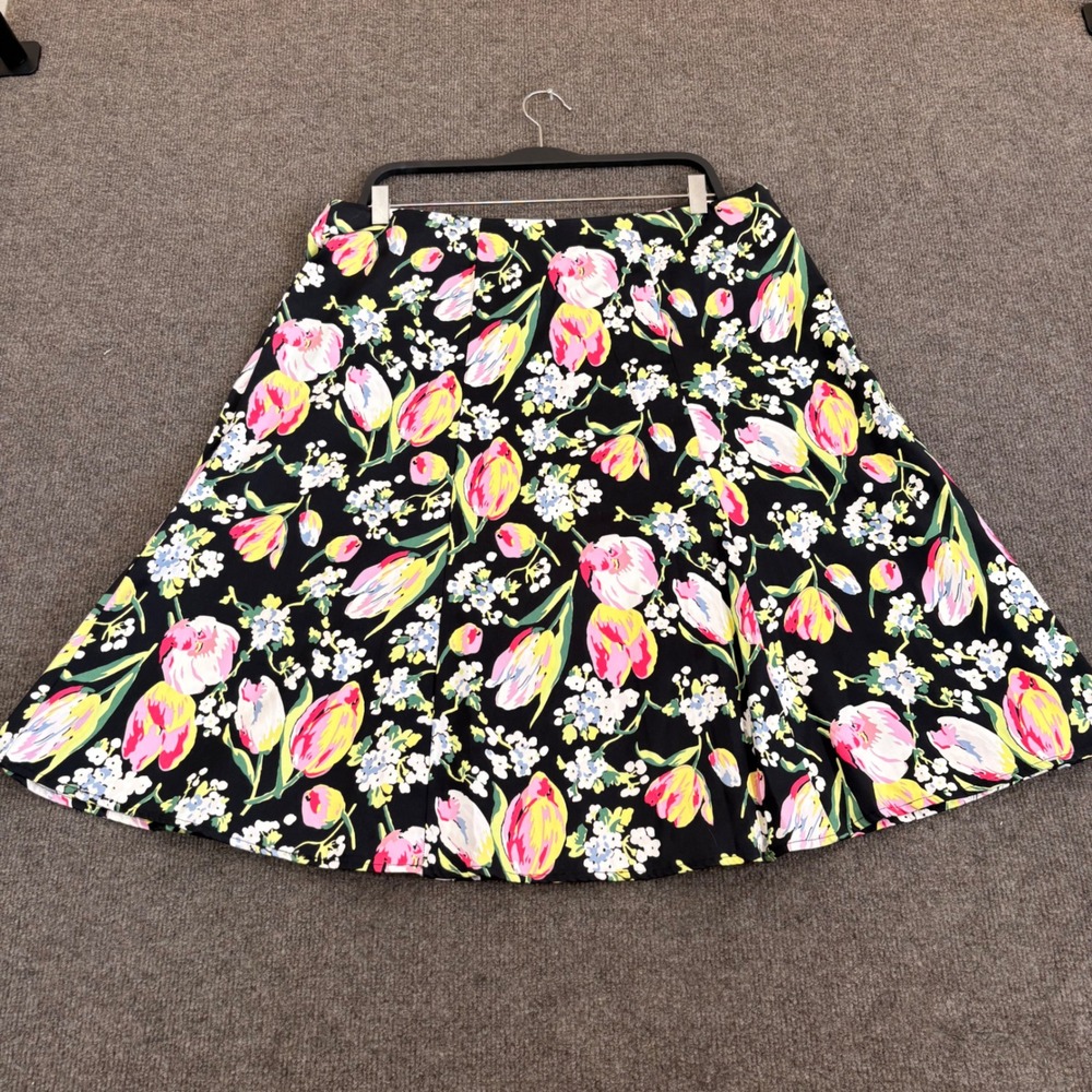 Notations Floral Tulip Print A-Line Skirt Black Pink Yellow Cotton Blend Large